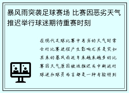 暴风雨突袭足球赛场 比赛因恶劣天气推迟举行球迷期待重赛时刻