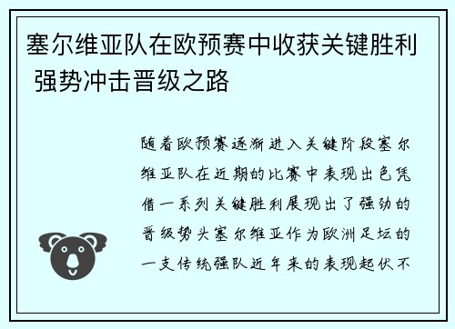 塞尔维亚队在欧预赛中收获关键胜利 强势冲击晋级之路