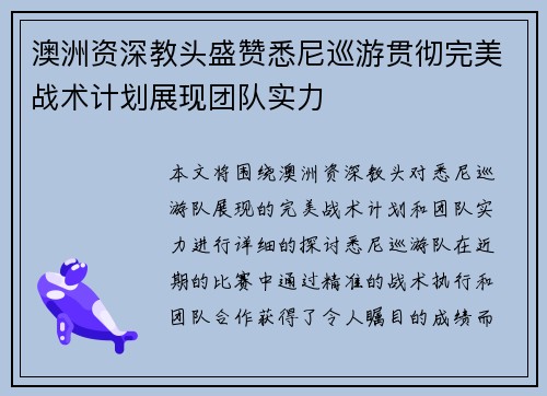 澳洲资深教头盛赞悉尼巡游贯彻完美战术计划展现团队实力