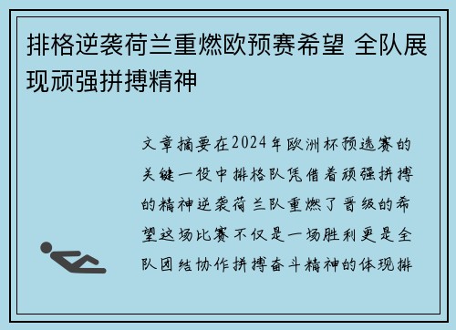 排格逆袭荷兰重燃欧预赛希望 全队展现顽强拼搏精神